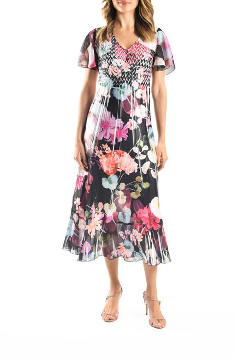 Flutter Sleeve Charmeuse & Chiffon Midi Dress