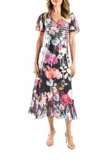 Komarov Flutter Sleeve Charmeuse & Chiffon Midi Dress