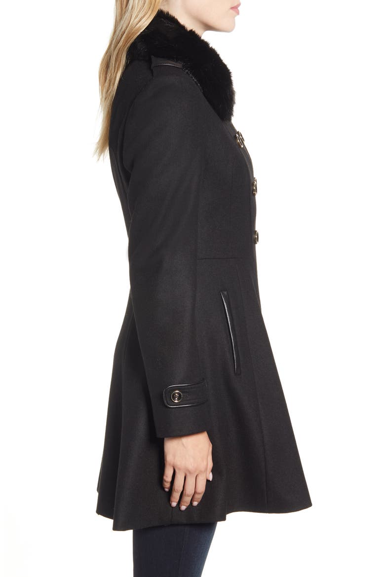 Double Breasted Fit & Flare Coat with Faux Fur Collar, Alternate, color, BLACK