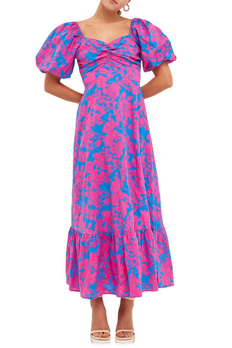 Floral Puff Sleeve Tie Back Maxi Dress, Main, color, BLUE/ FUCHSIA
