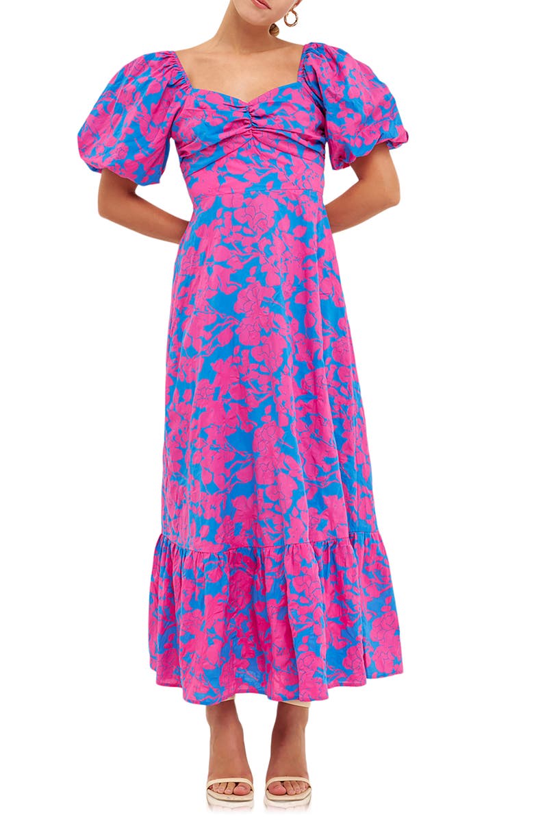 Free the Roses Floral Puff Sleeve Tie Back Maxi Dress, Main, color,