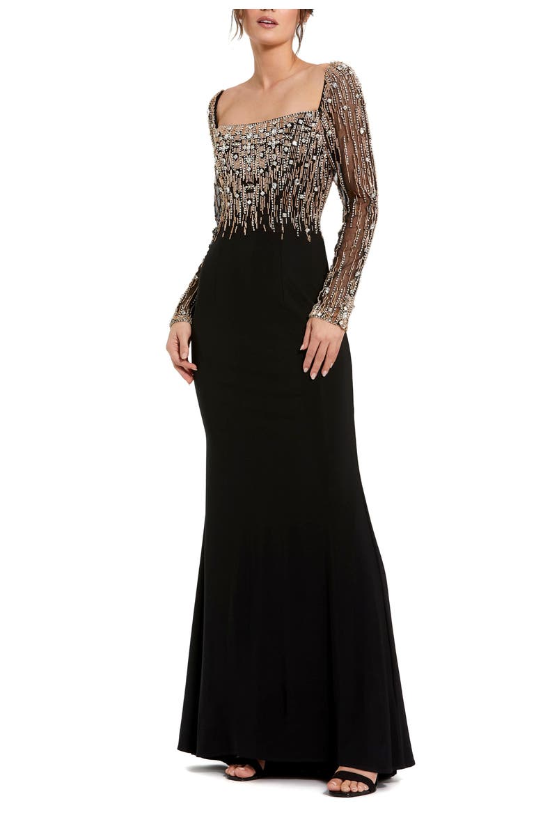 Mac Duggal Beaded Square Neck Long Sleeve Jersey Gown, Main, color, Black Gold