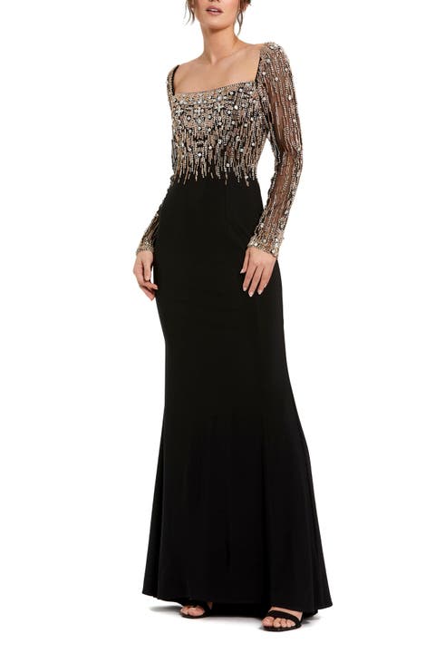 Beaded Square Neck Long Sleeve Jersey Gown