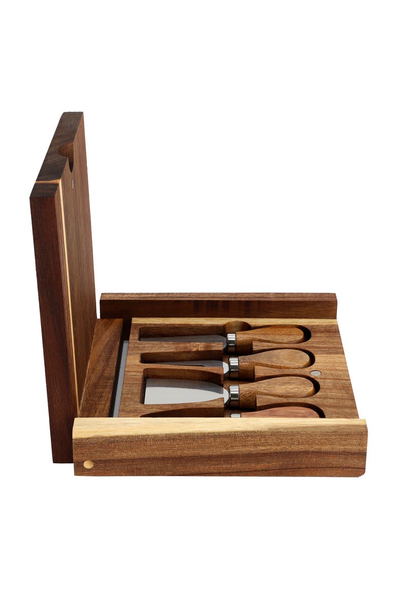 Acacia Wood 5 Piece Square Cheese Board with Knife Set, Alternate, color, Acacia