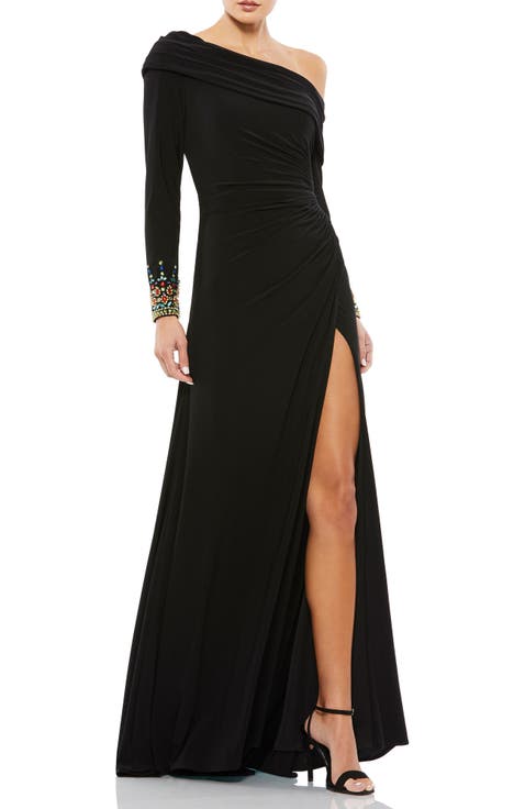 Jeweled Cuff Drop Shoulder Faux Wrap Gown