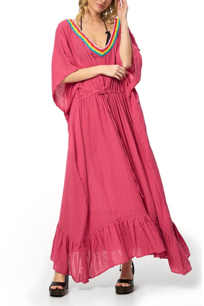 Colorful Crochet V-Neck Cover-Up Kaftan, Main, color, MAGENTA