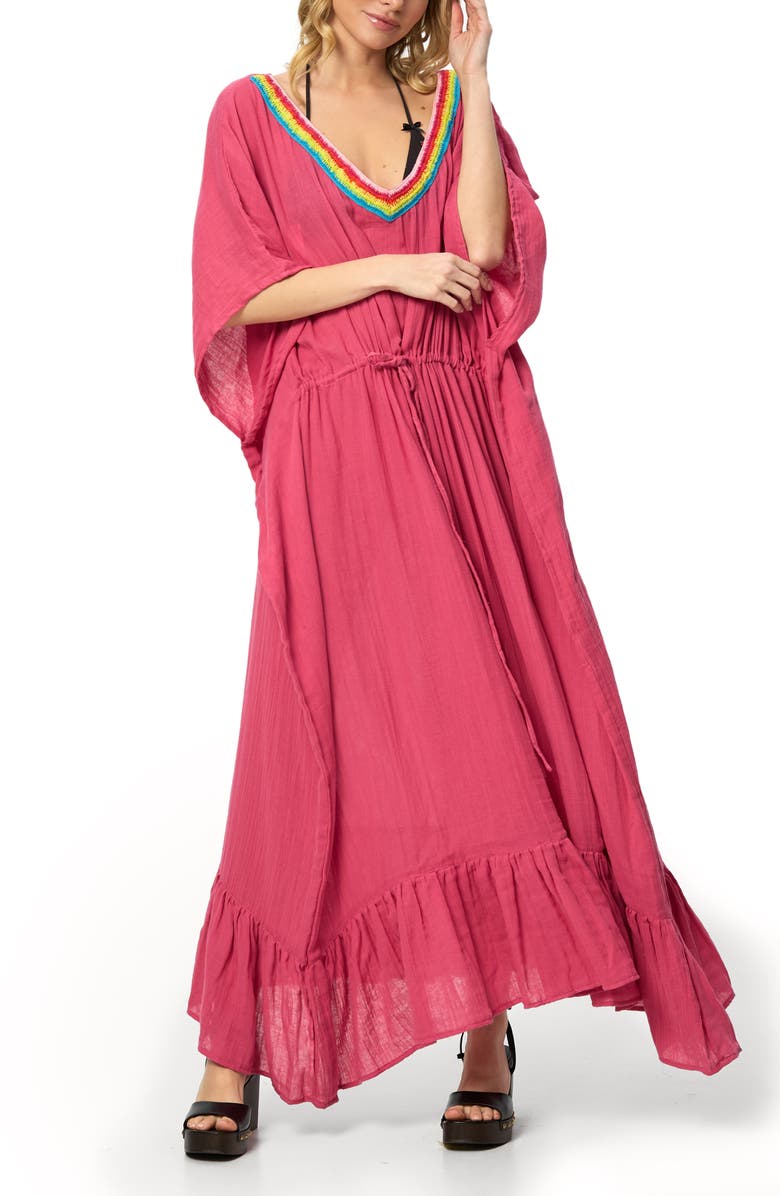 SAACHI Colorful Crochet V-Neck Cover-Up Kaftan, Main, color, Magenta