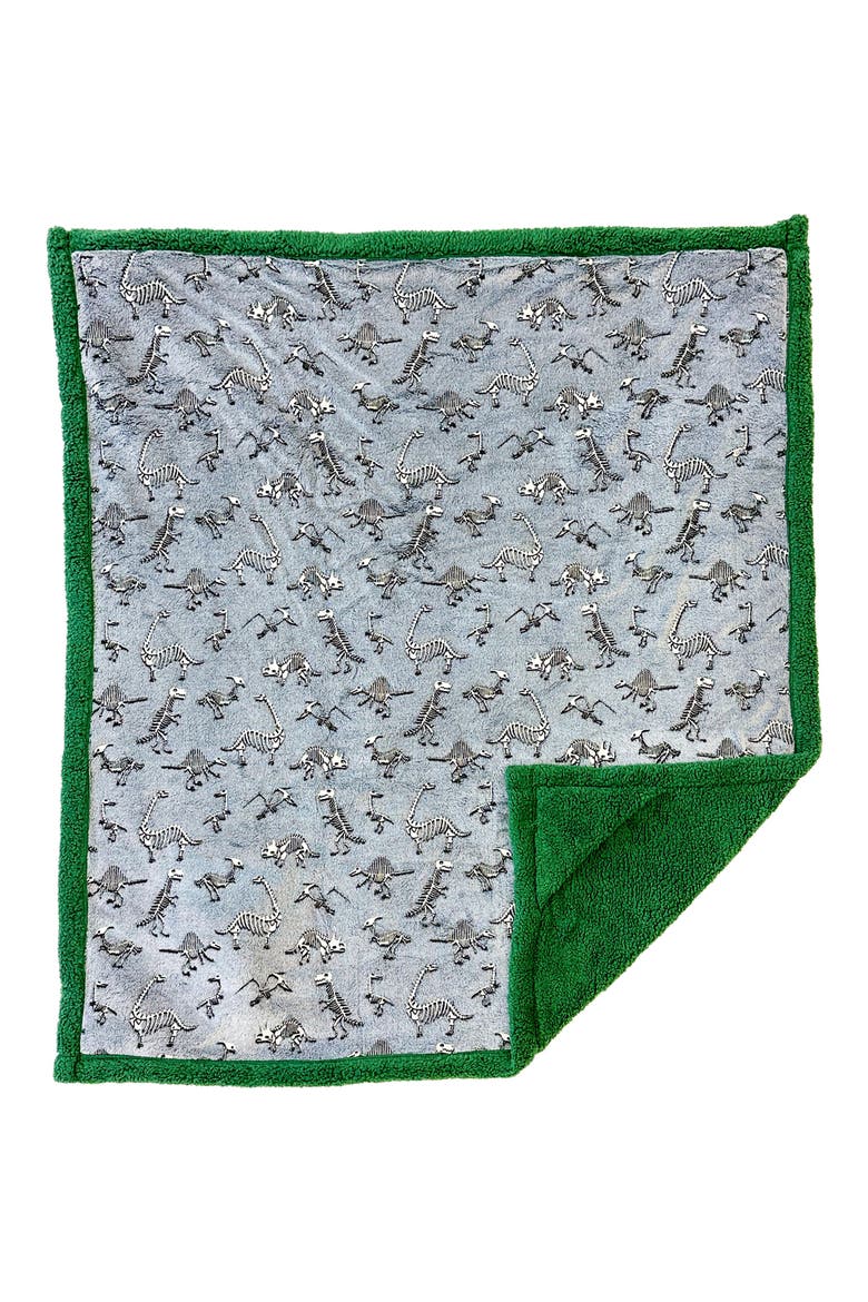 Kids' Glow in the Dark Dino Bones Fleece Blanket & Stuffed Animal Set, Alternate, color, KATYDID GREEN