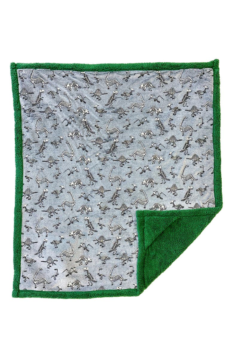 mimish Kids' Glow in the Dark Dino Bones Fleece Blanket & Stuffed Animal Set, Alternate, color, Katydid Green