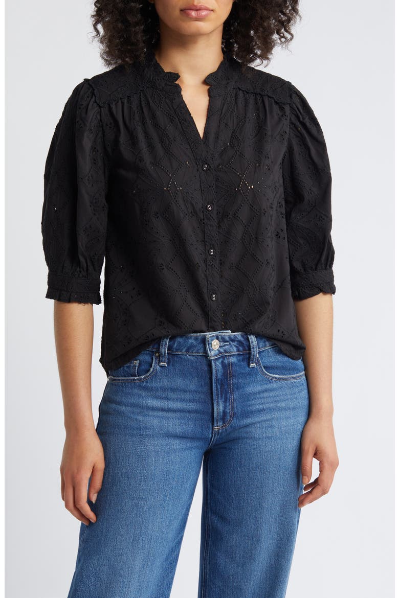 Embroidered Eyelet Button-Up Shirt, Main, color, BLACK