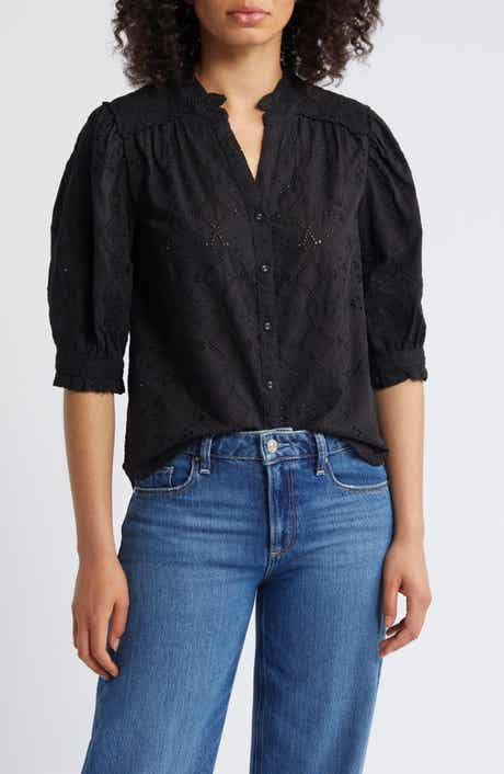 Embroidered Eyelet Button-Up Shirt