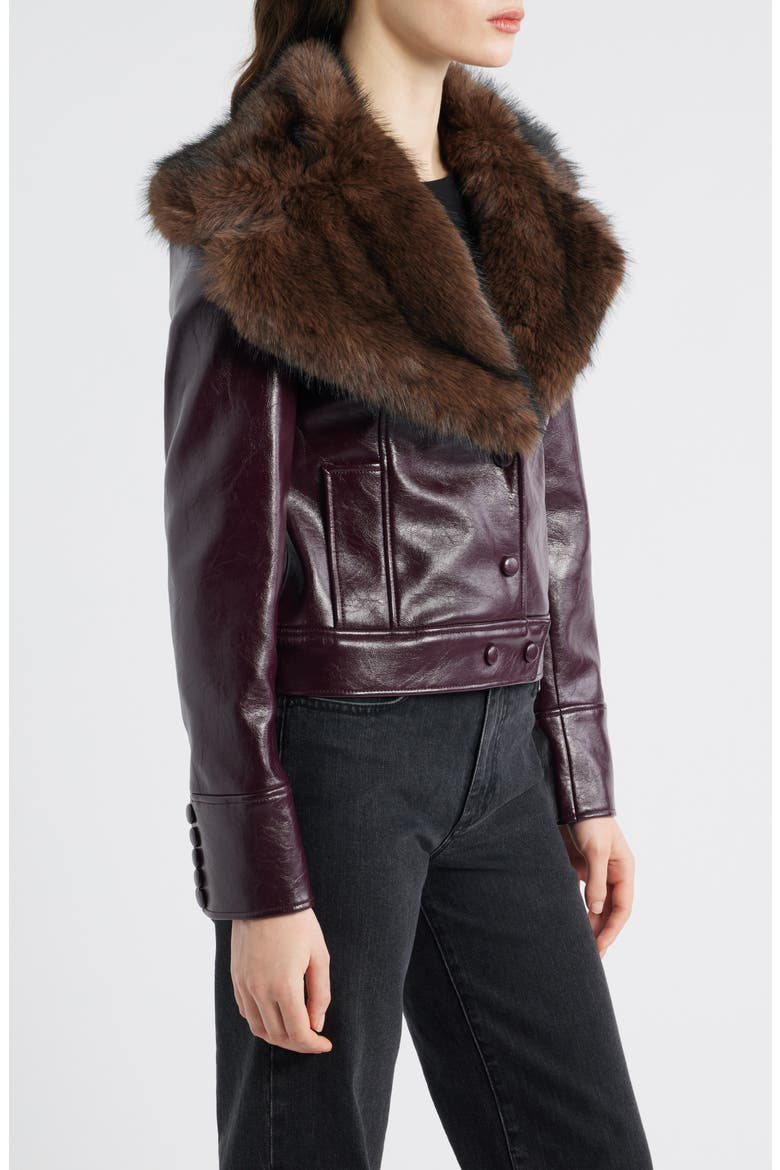 Cleo Faux Fur Collar Faux Leather Crop Jacket, Alternate, color, MAROON