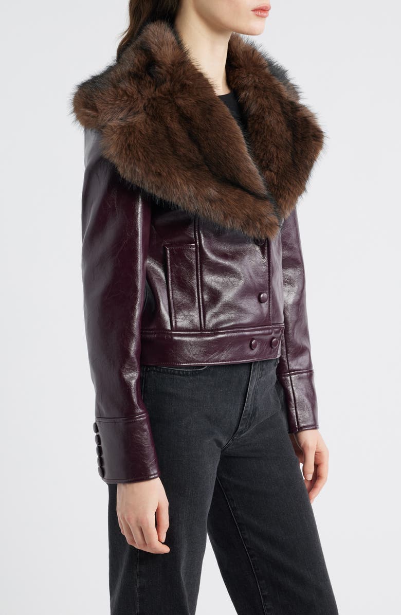 MANGO Cleo Faux Fur Collar Faux Leather Crop Jacket, Alternate, color, Maroon