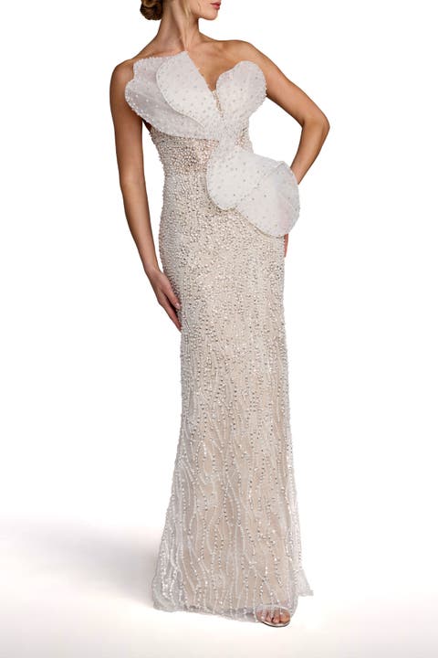 Sequin Organza Strapless Bow Detail Column Gown