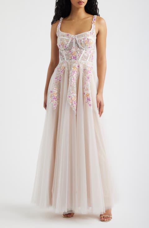 3D Embroidered Floral Tulle Gown