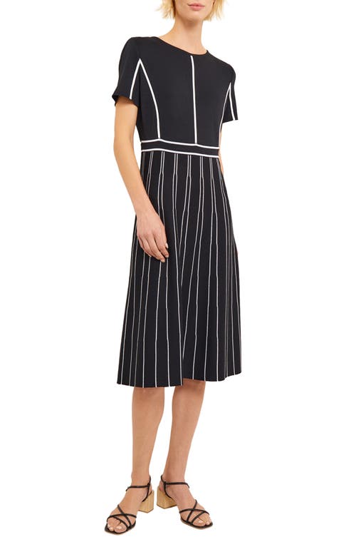 Misook Contrast Striped A-line Soft Knit Midi Dress In Black/white