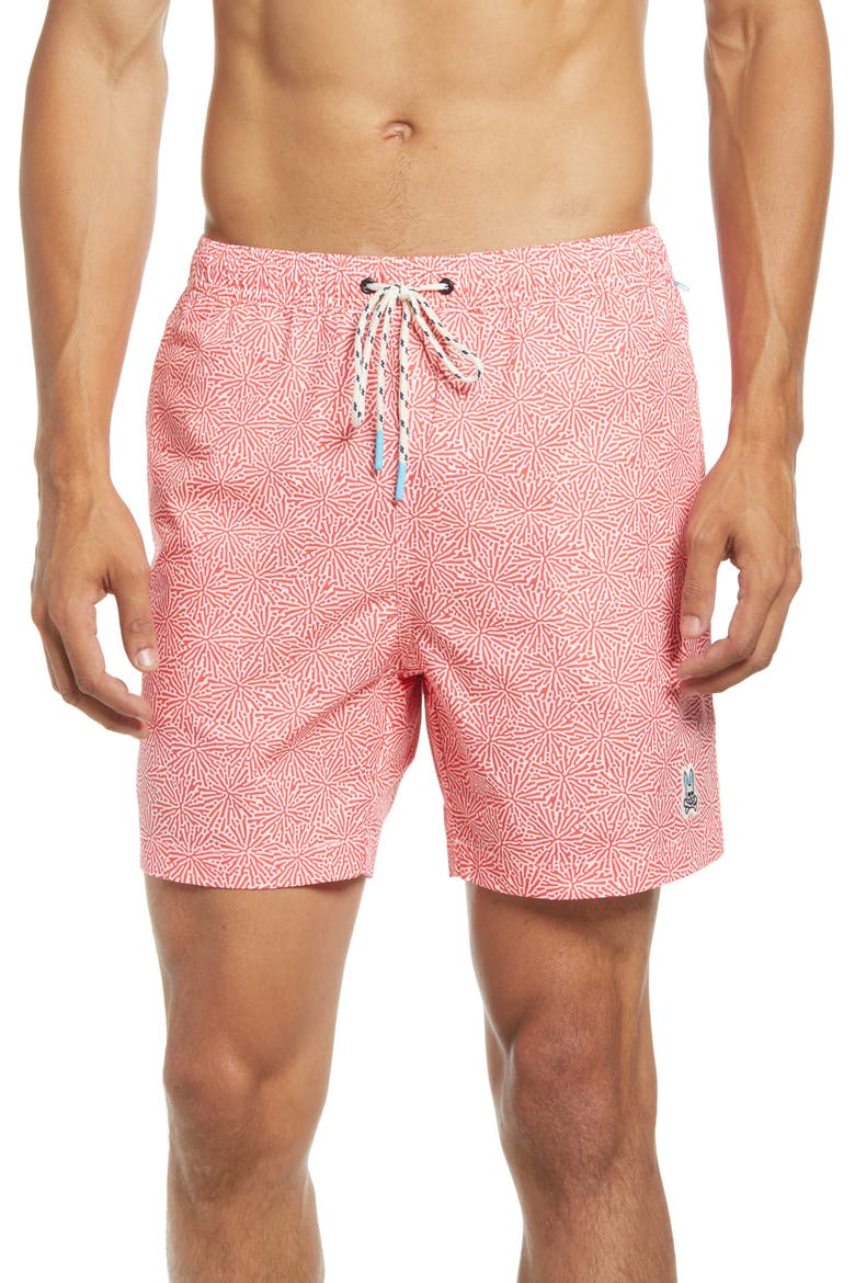 Coral Print Swim Trunks, Main, color, GRAPEFRUIT