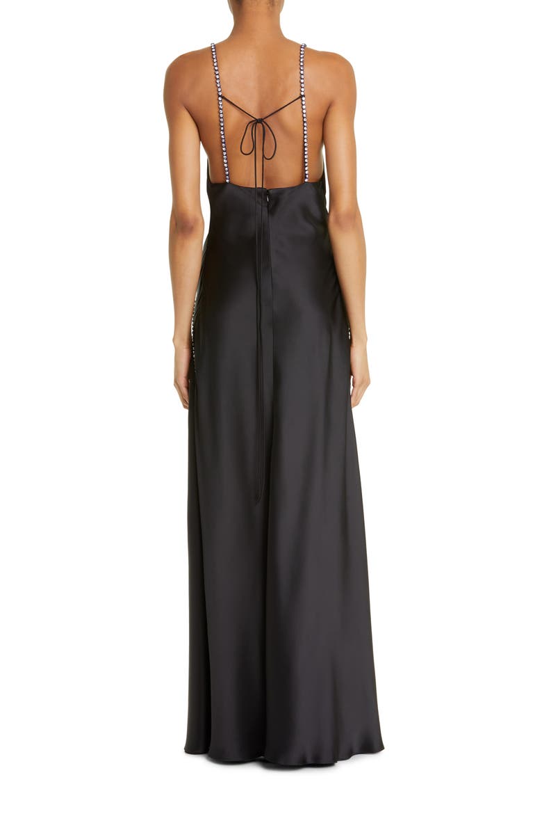 Embellished Plunge Neck Satin Maxi Dress, Alternate, color, BLACK