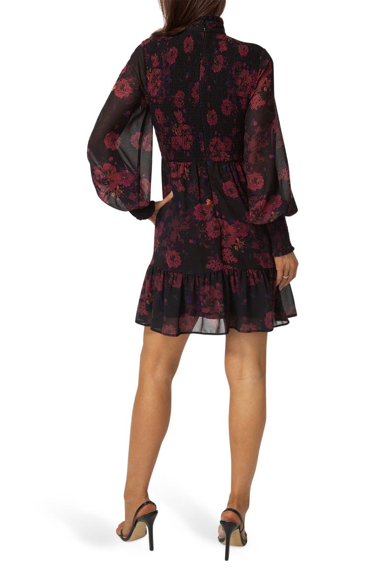 Floral Smocked Long Sleeve Chiffon Minidress, Alternate, color, DARK RED