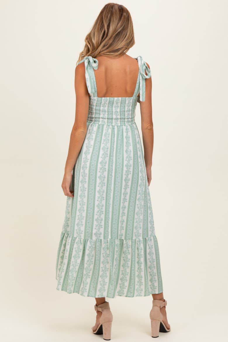 Floral Stripe Smocked Shoulder Tie Midi Dress, Alternate, color, Light Olive