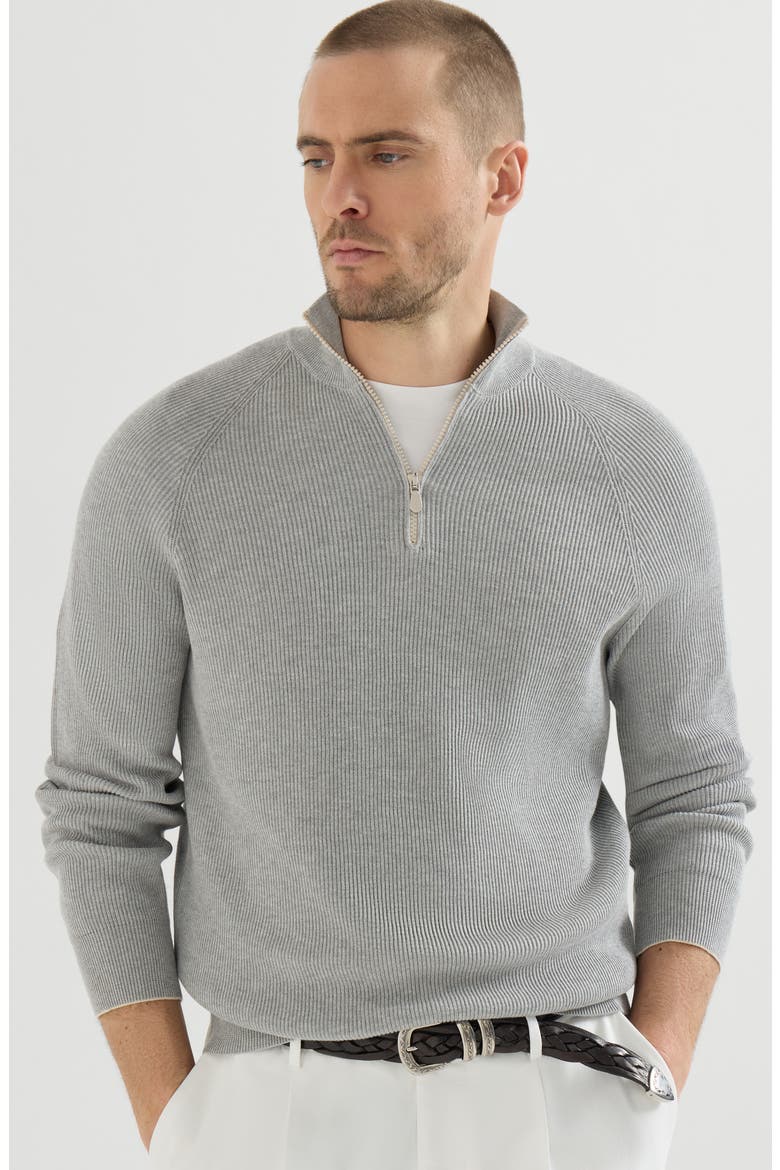 Cotton English rib sweater with half zip and raglan sleeves, Alternate, color, Light Grey