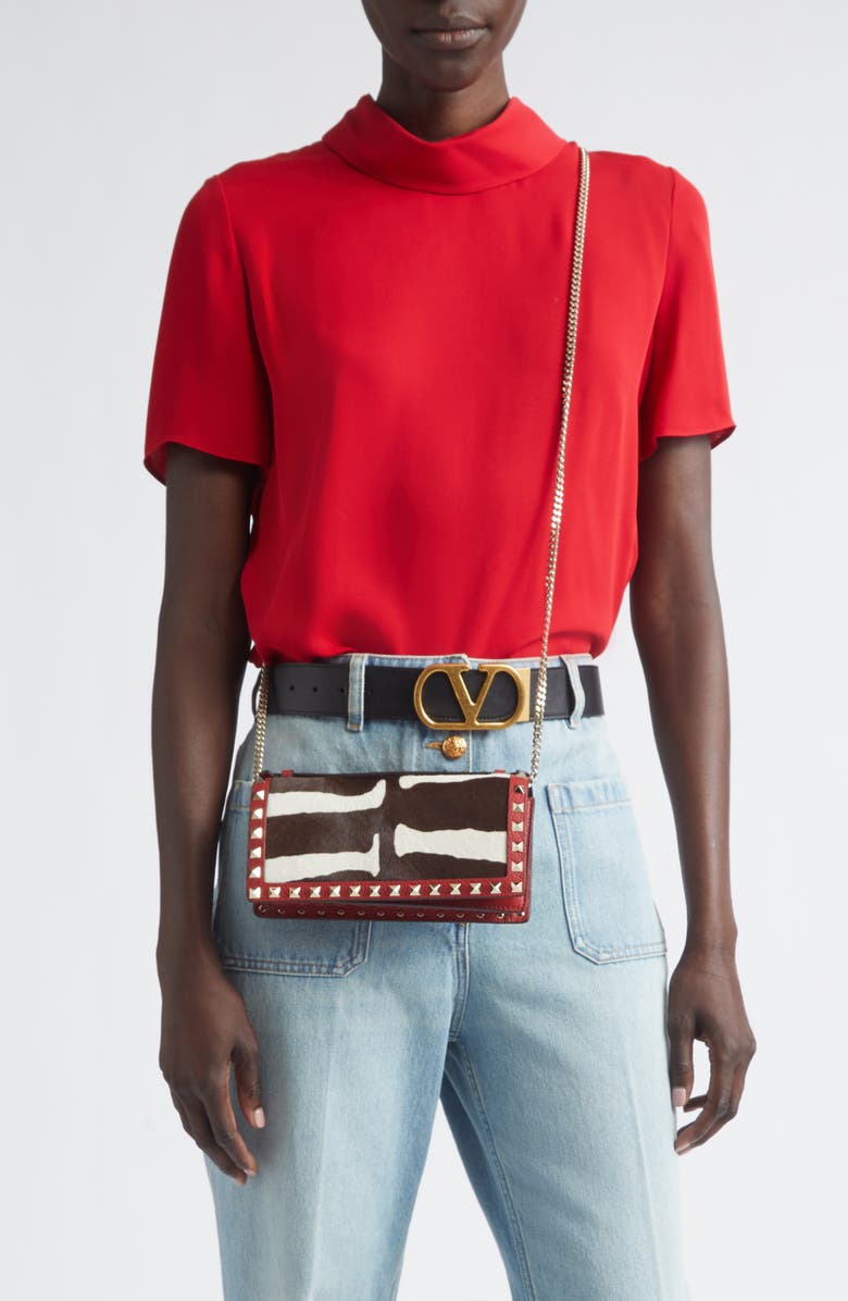 Valentino Garavani Rockstud Genuine Calf Hair Wallet with Crossbody Strap, Alternate, color, Red