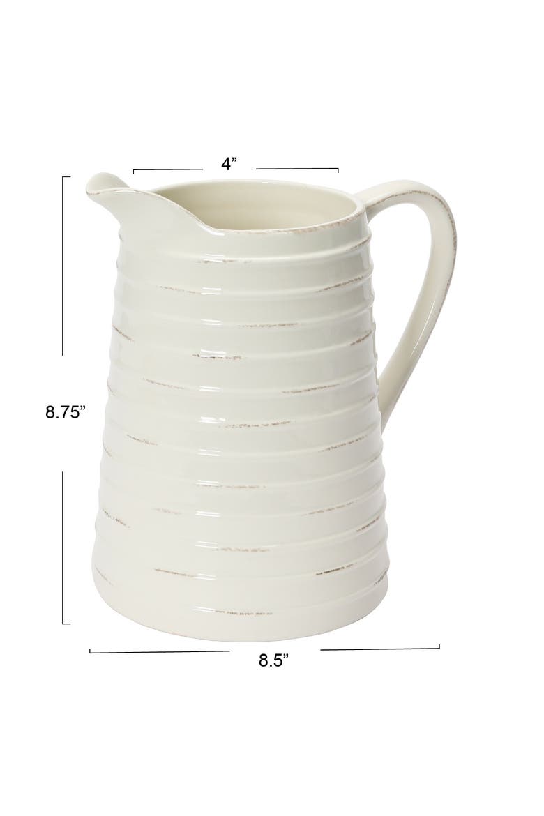 Farmhouse Embossed Stripe Ceramic Pitcher, Distressed White, Alternate, color, White