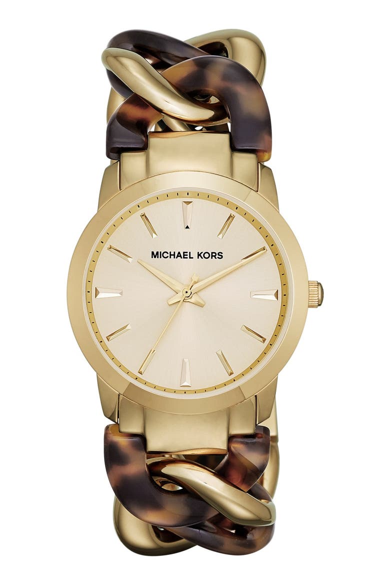 Michael Kors 'Lady Nini' Chain Link Bracelet Watch, 35mm, Main, color, GOLD/ TORTOISE