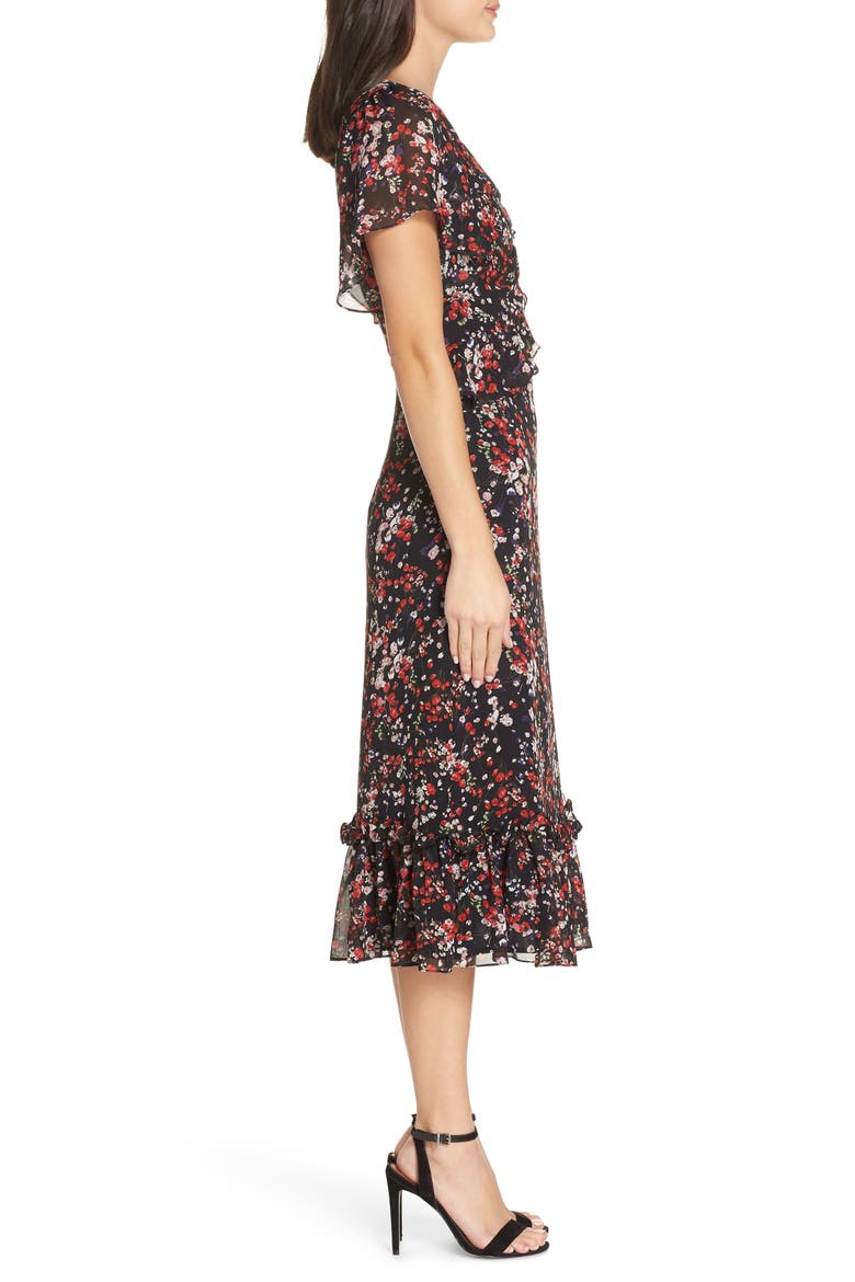 Floral Ruffle Midi Dress, Alternate, color, BLACK- RED SPRING BLOSSOMS