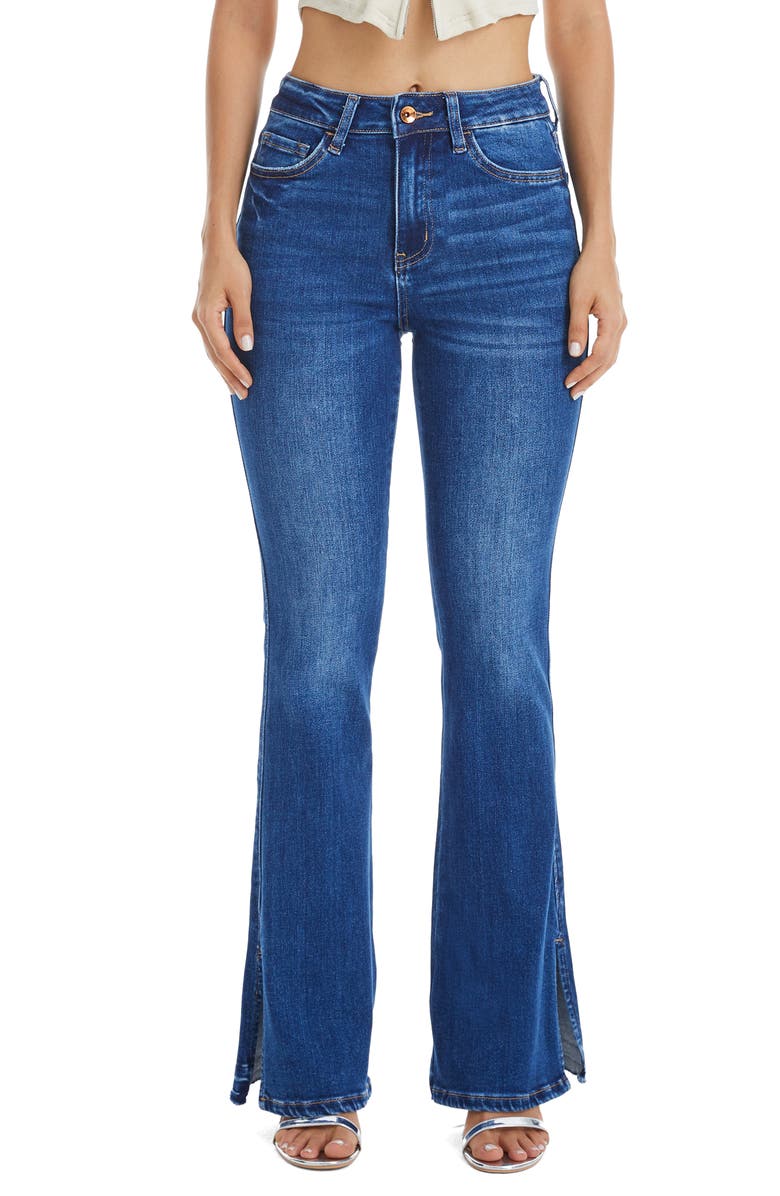 Bayeas Split Hem Mid Rise Flare Jeans, Main, color, Indigo Rock