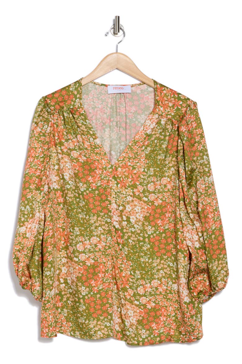 Floral V-Neck Long Sleeve Top, Alternate, color, GREEN/ CORAL
