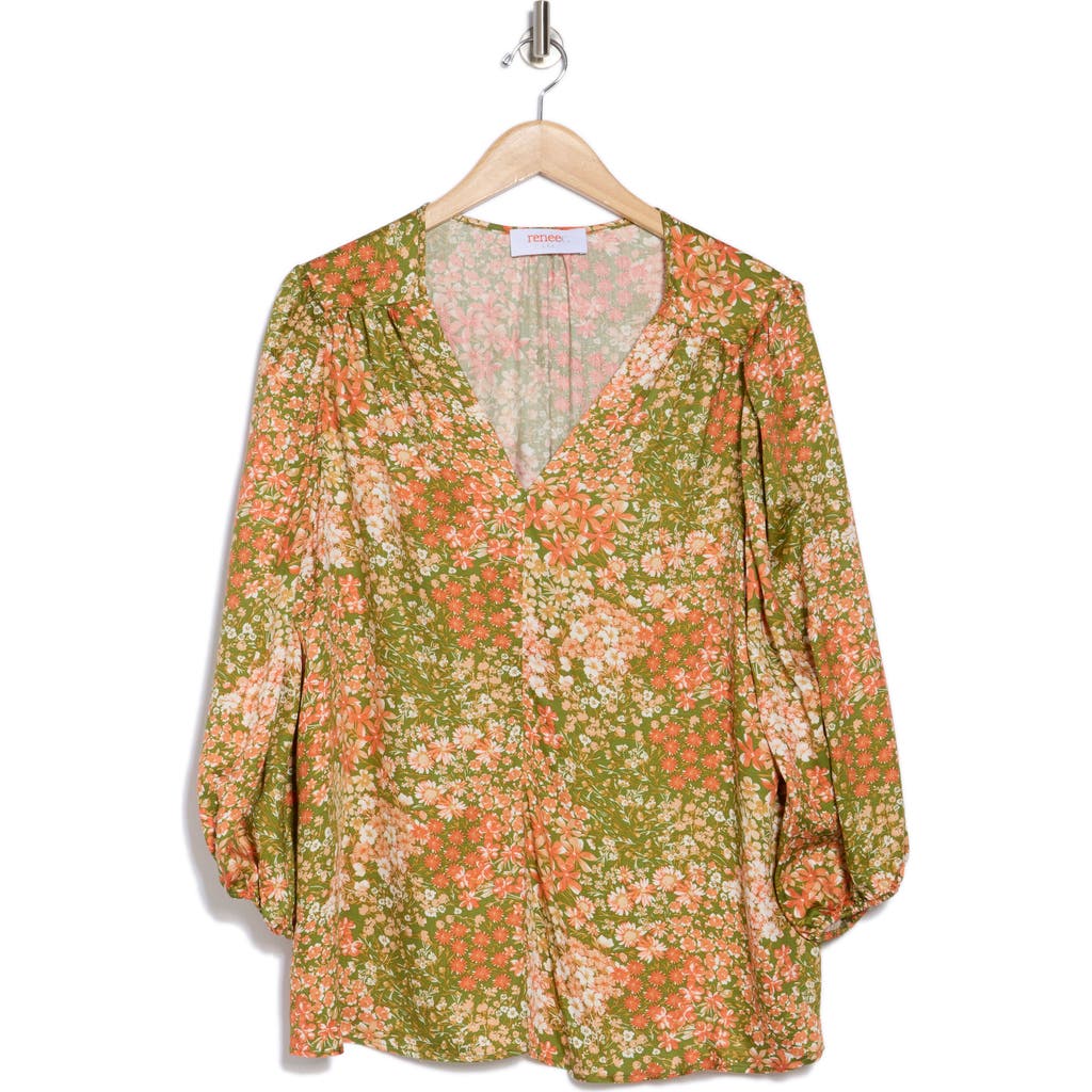 Shop Renee C Floral V-neck Long Sleeve Top In Green/coral