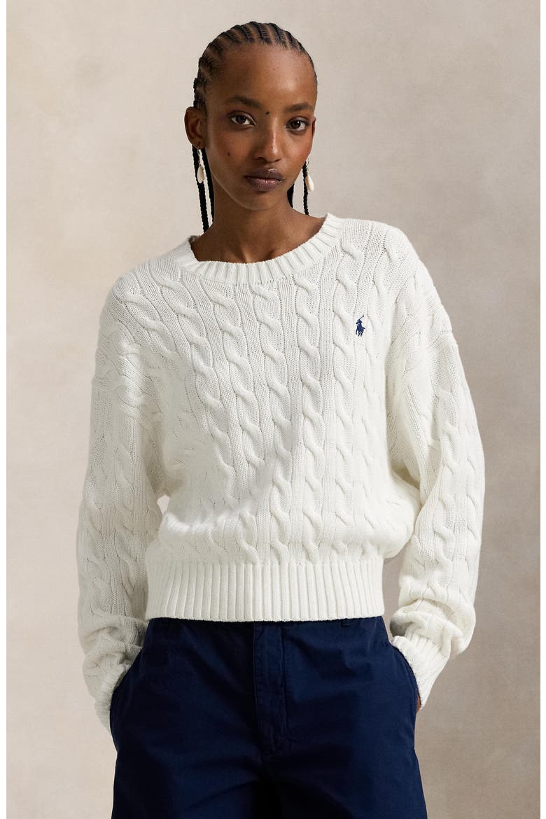 Cable Knit Crewneck Sweater, Alternate, color, WHITE