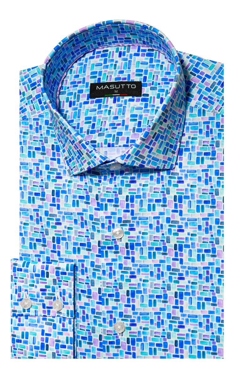 MASUTTO Napoli Print Button-Up Long Sleeve Shirt, Main, color, Aqua