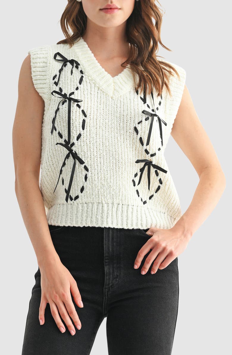 All in Favor Contrast Bow Sweater Vest, Main, color, Ivory