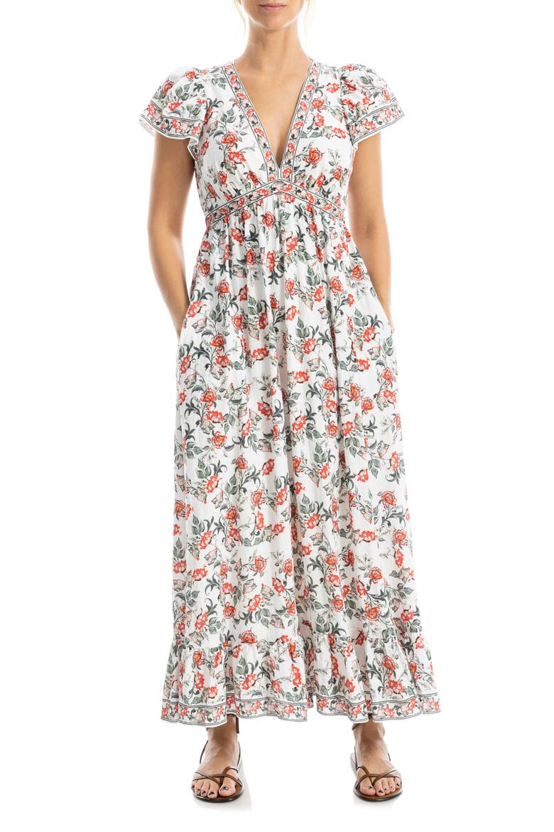 Floral Flutter Sleeve Maxi Dress, Main, color, CRMRDPBL-CREAM/RED PASSION BLOOMS