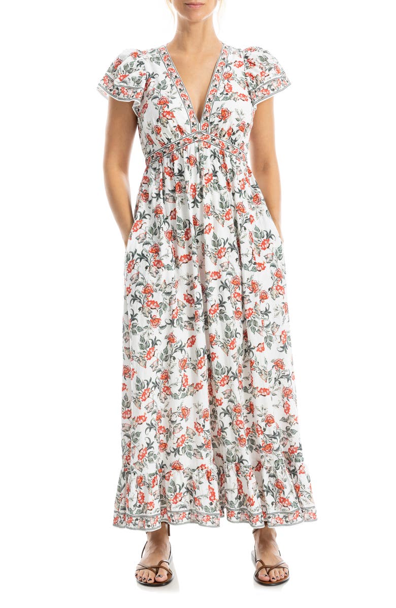 MAX STUDIO Floral Flutter Sleeve Maxi Dress, Main, color, Cream/ Red Passion Blooms