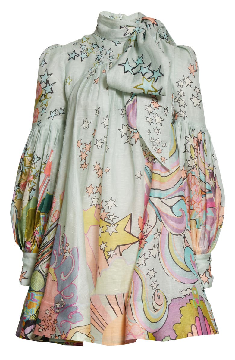 Zimmermann Concert Tie Neck Long Sleeve Linen & Silk Swing Minidress, Alternate, color, 