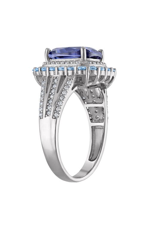 Fzn Sterling Silver Blue Oval & White Round Cubic Zirconia Ring In Blue