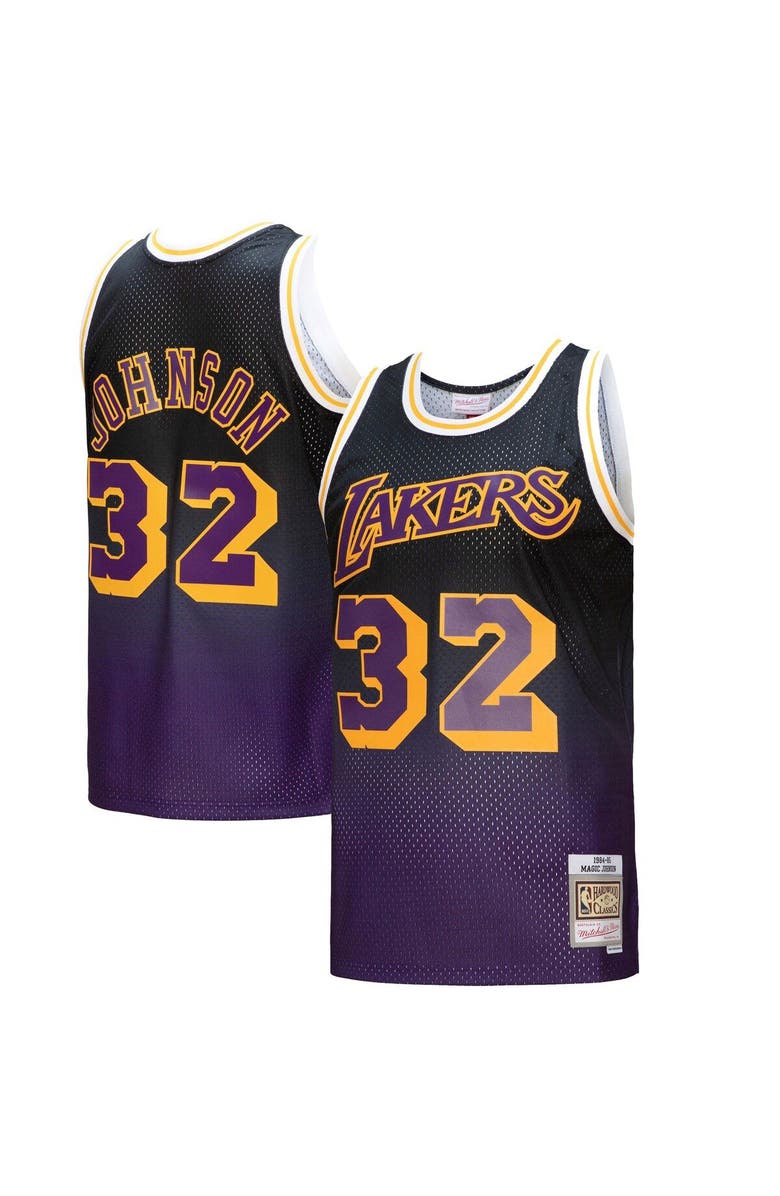 Mitchell & Ness Men's Mitchell & Ness Magic Johnson Purple/Black Los Angeles Lakers 1984/85 Hardwood Classics Fadeaway Swingman Player Jersey, Alternate, color, Purple