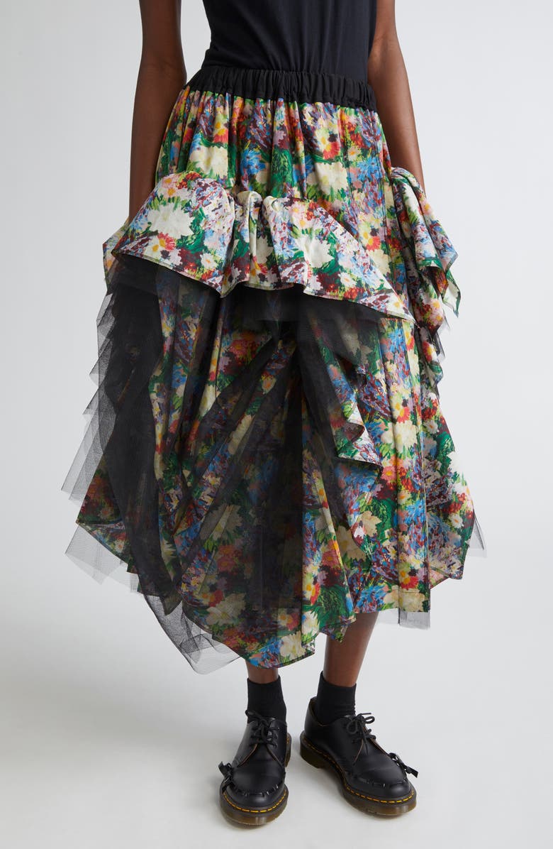 Tao Comme des Garçons Gathered Tulle & Floral Print Cotton MIdi Skirt, Main, color,