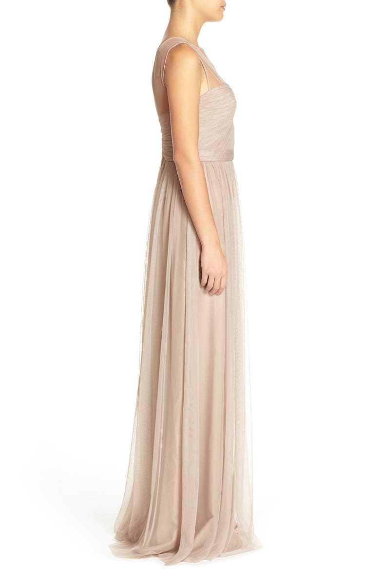 'Alyce' Illusion V-Neck Pleat Tulle Gown, Alternate, color, LATTE