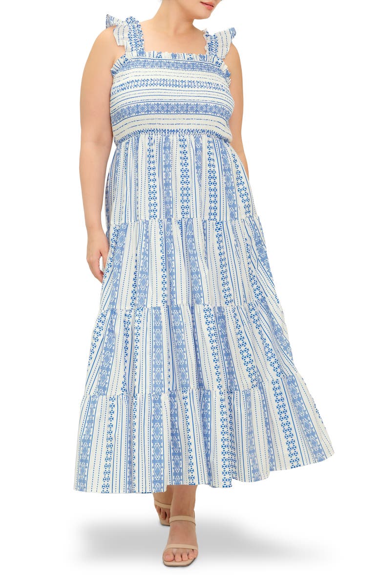 FLYING TOMATO Ruffle Strap Tiered Maxi Dress, Main, color, Ivory Blue