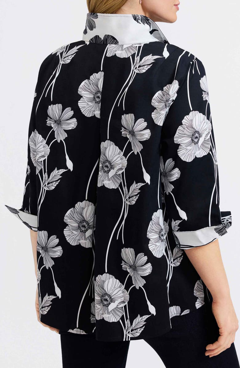 Foxcroft Agnes Poppy Print Three-Quarter Sleeve Popover Top, Alternate, color, Black/ White