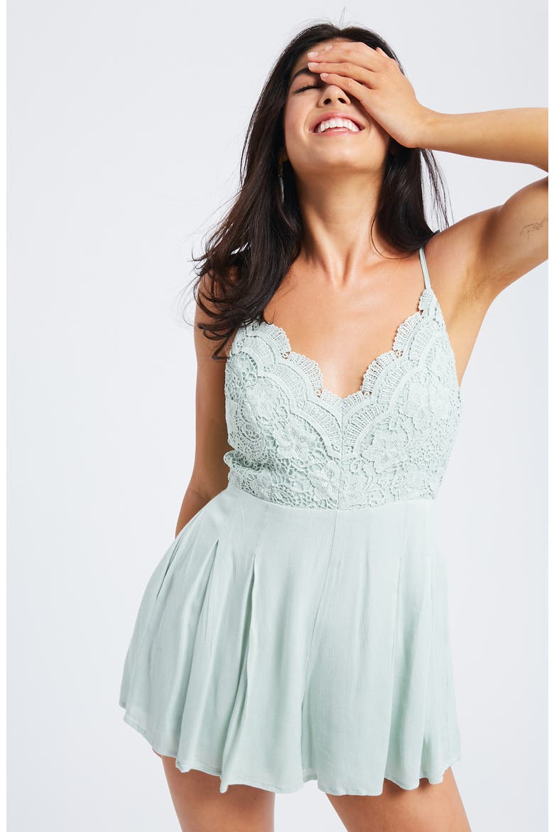 Lace Trim Romper, Alternate, color, SEAFOAM