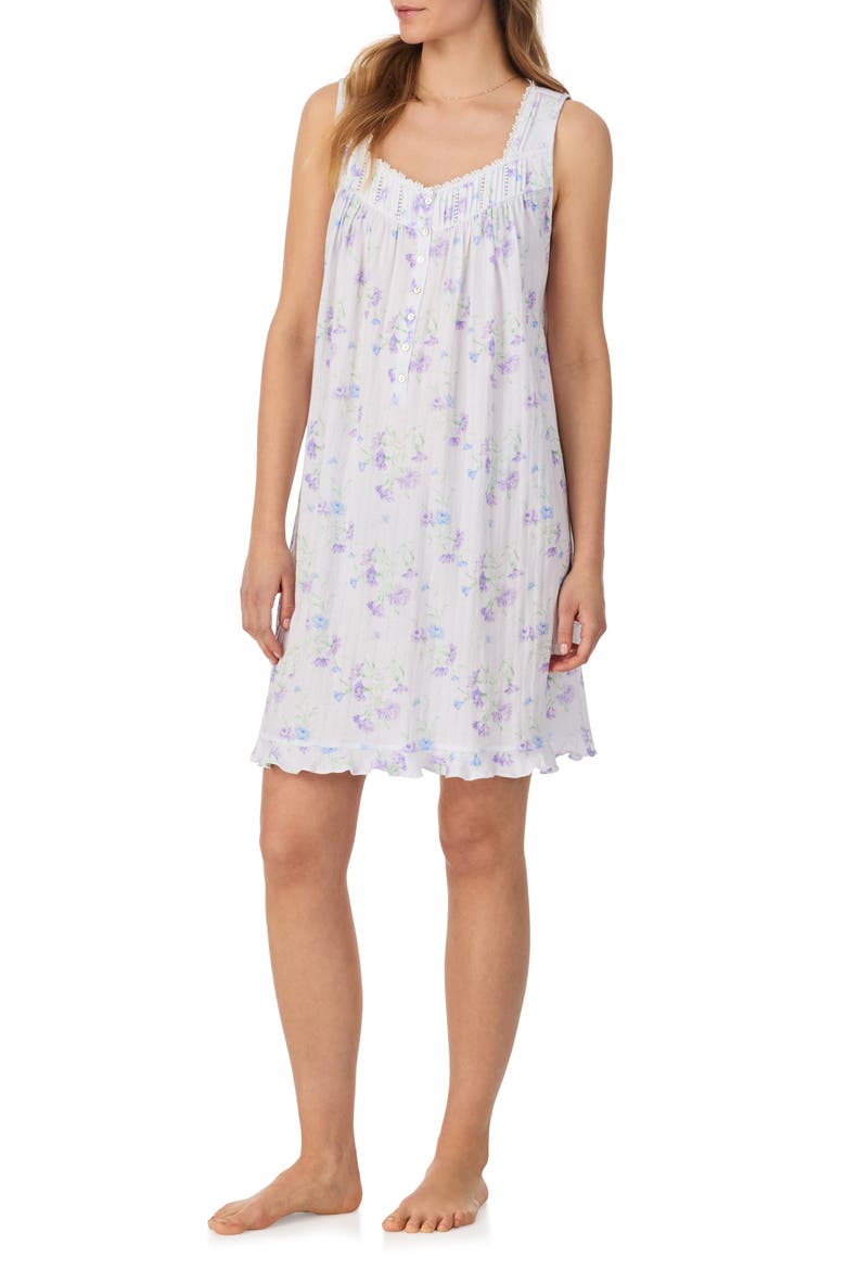 Floral Sleeveless Short Cotton Lawn Nightgown, Alternate, color, WHITE BLUE