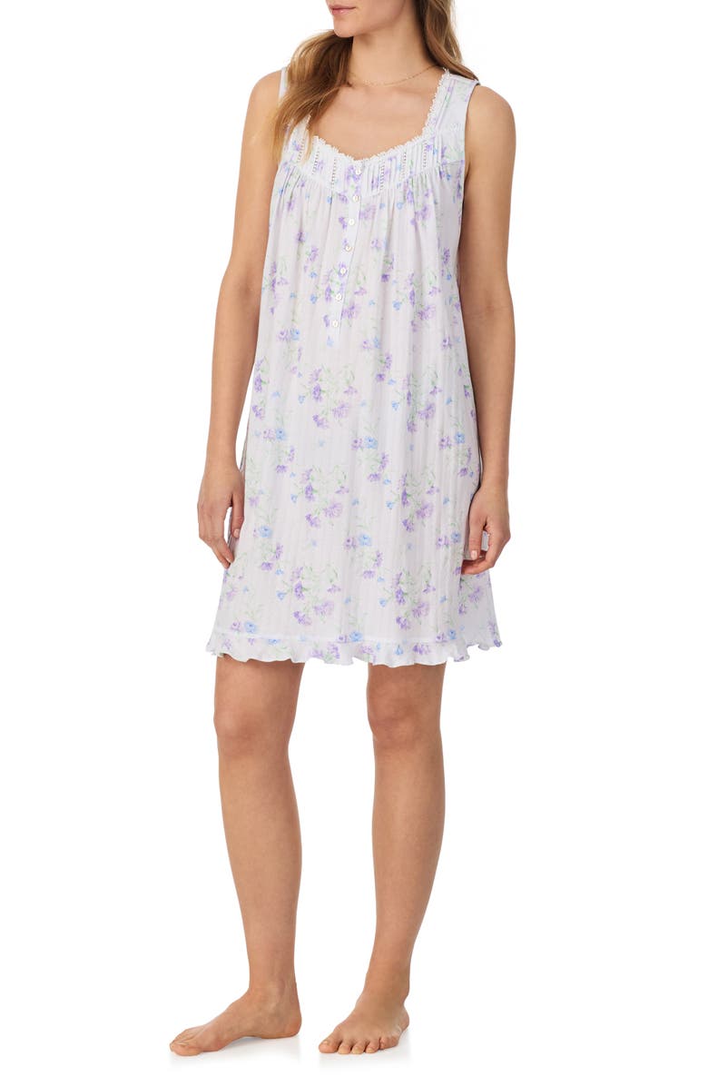 Eileen West Floral Sleeveless Short Cotton Lawn Nightgown, Alternate, color, White Blue