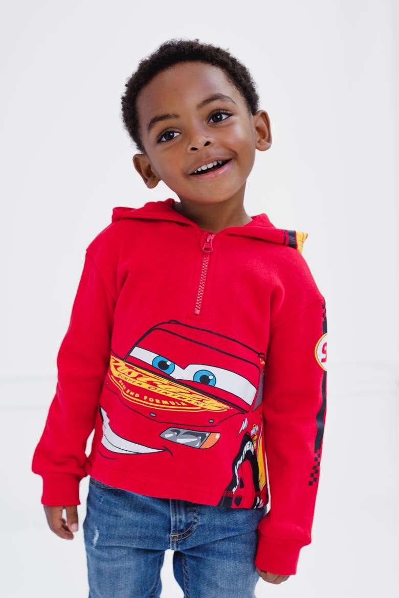 Cars Lightning McQueen Fleece Quarter-Zip Hooded Sweatshirt, Alternate, color, Bright Red McQueen