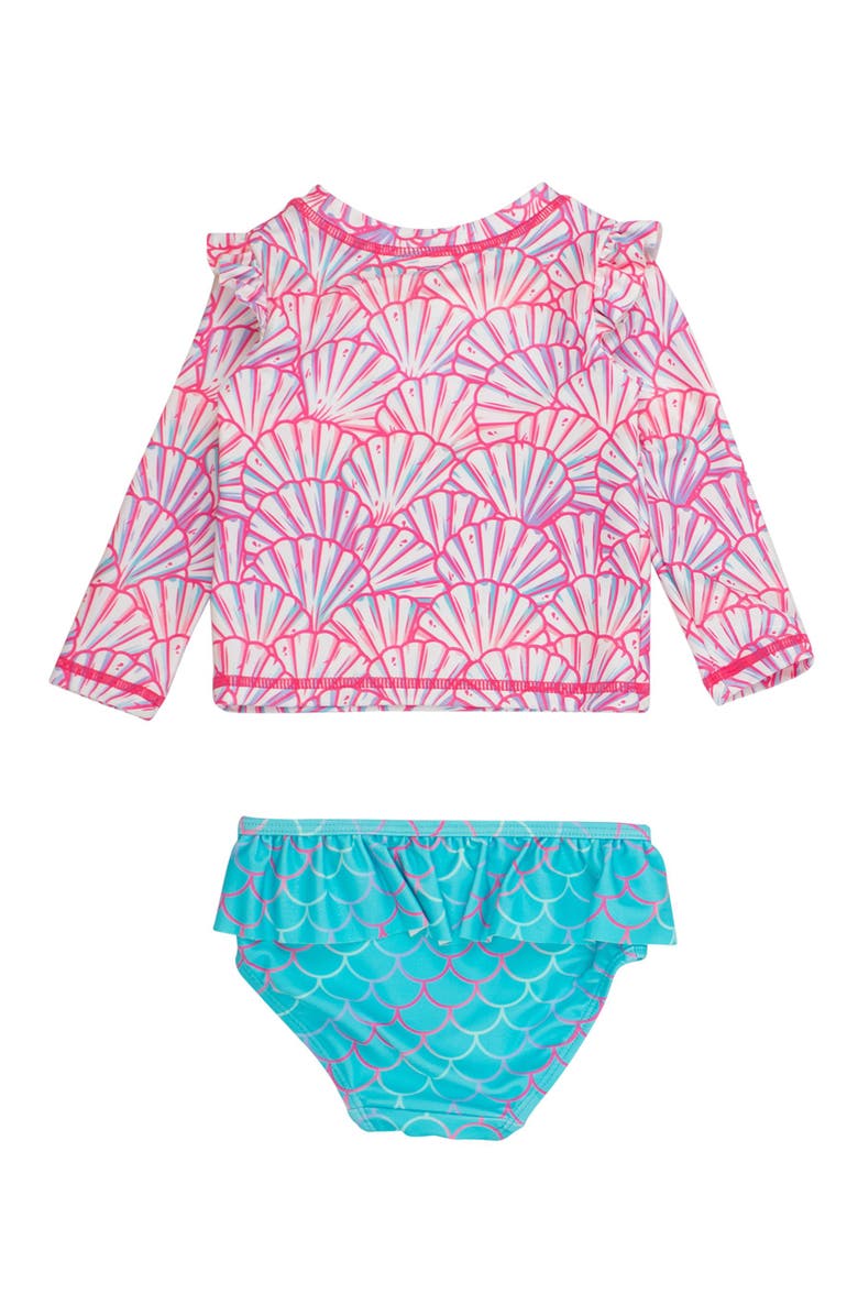 RuffleButts Baby/Toddler Girls UPF50+ Sun Protected Skirted Flutter Long Sleeve Rash Guard Bikini, Alternate, color, Pink Magical Mermaids