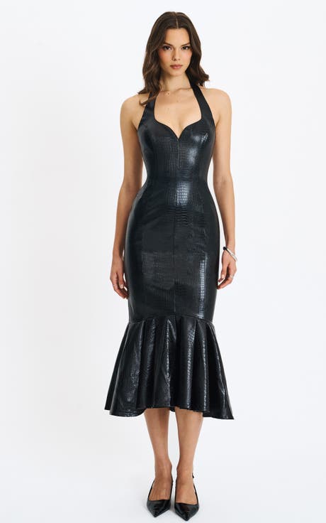 Gardenia Faux Leather Midi Sweetheart Halter Flared Dress